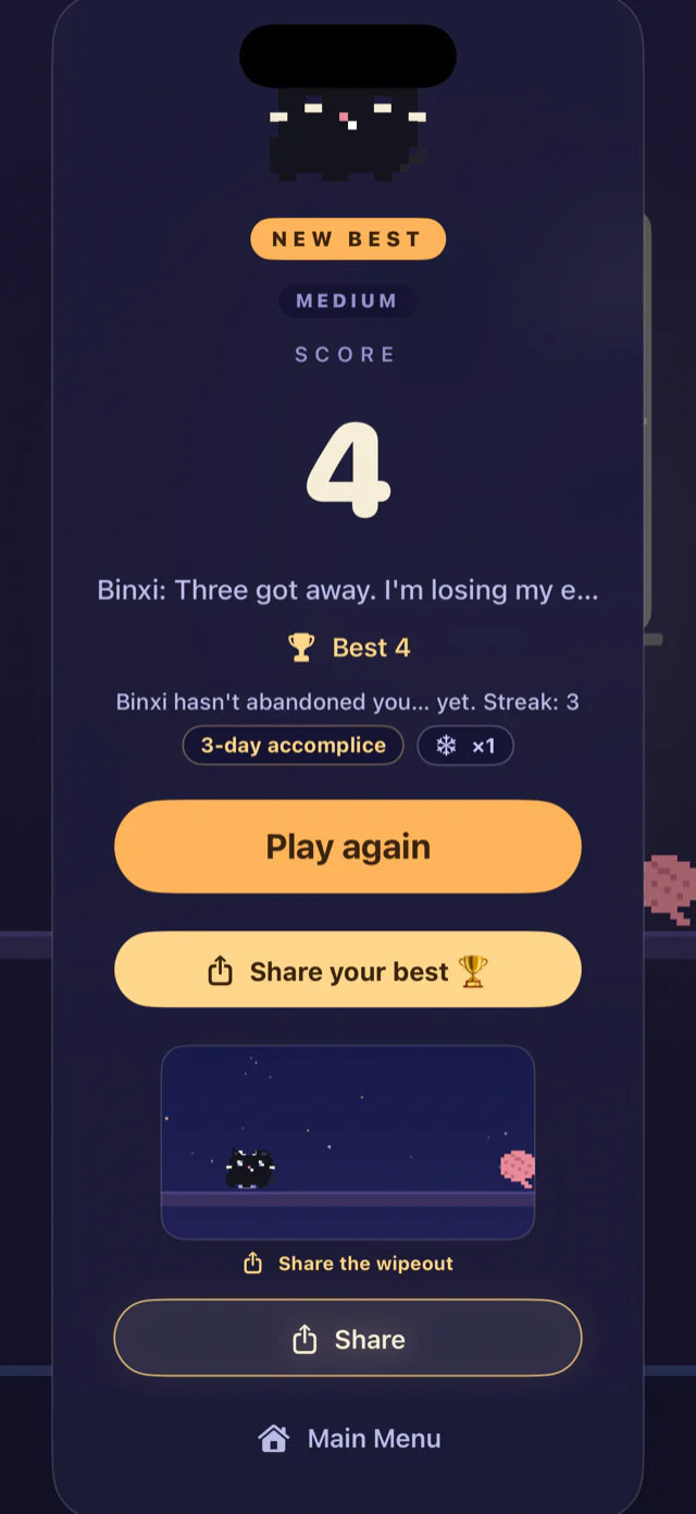 Result screen showing a new best score with Binxi's snarky commentary and share buttons