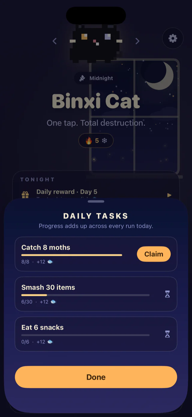 Daily tasks sheet: catch moths, smash items, eat snacks, with progress bars