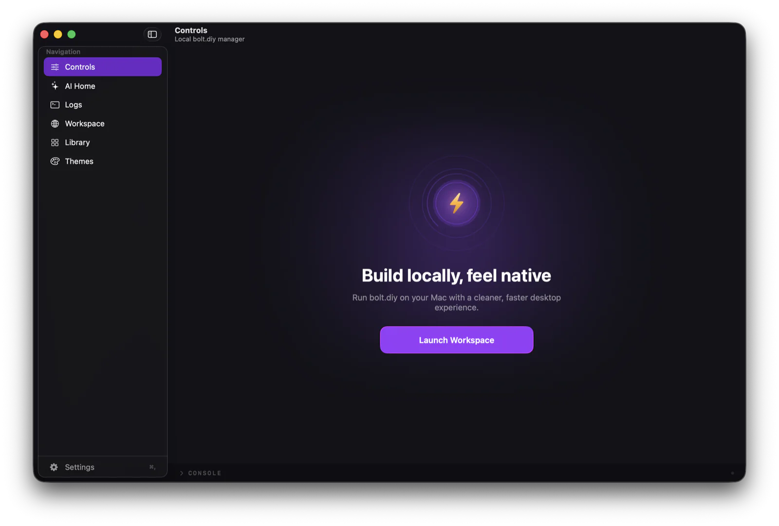 BoltManager Controls screen with a sidebar and a Launch Workspace button — Build locally, feel native