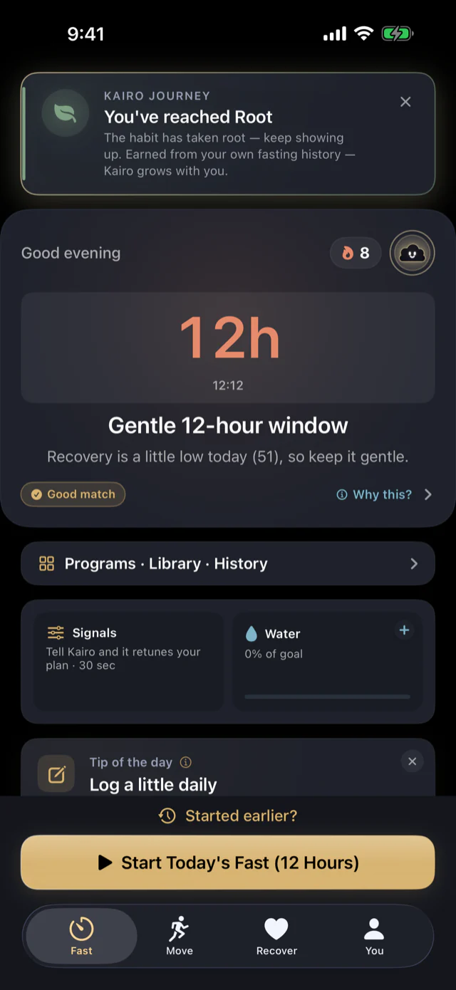 Kairo Fasting home screen showing a gentle 12-hour fasting window matched to today's recovery