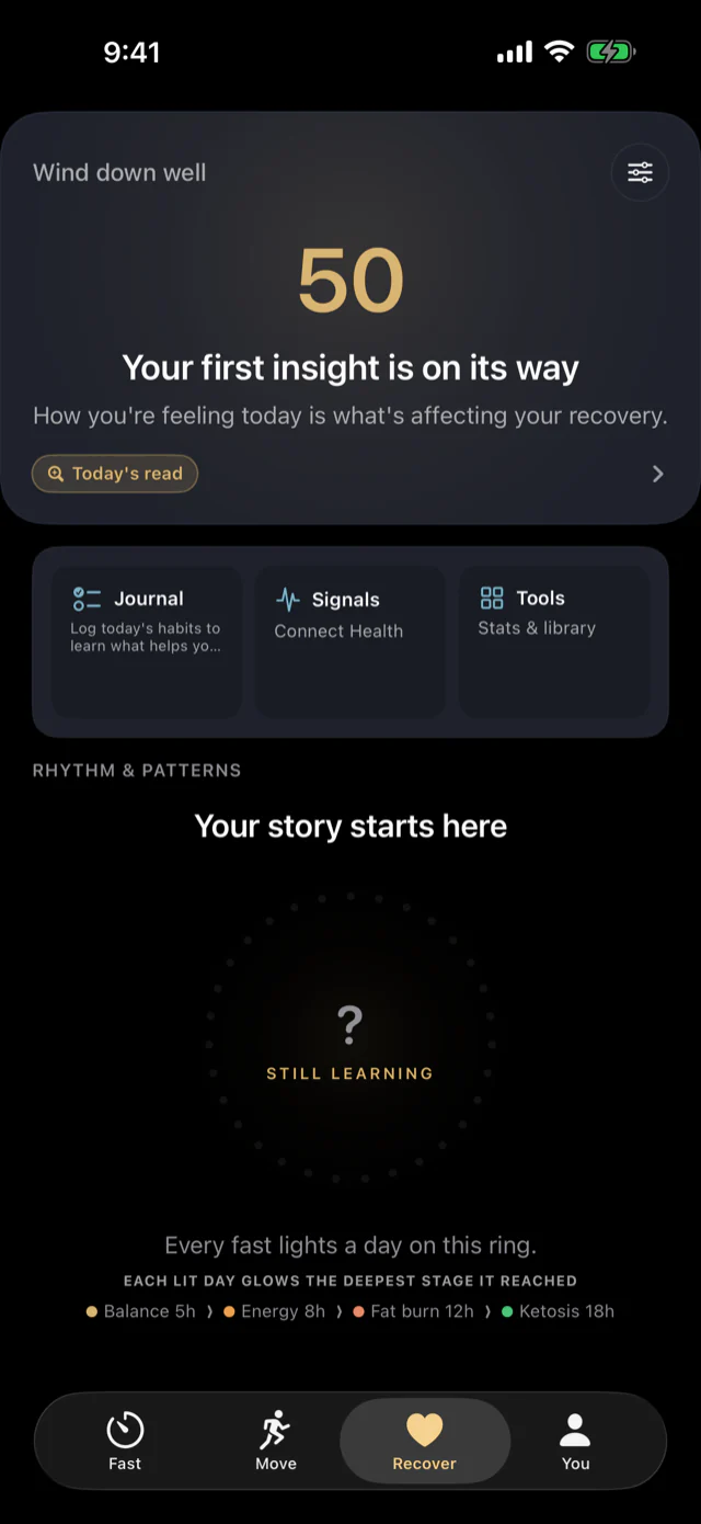 Recover tab with a wind-down score and rhythm ring