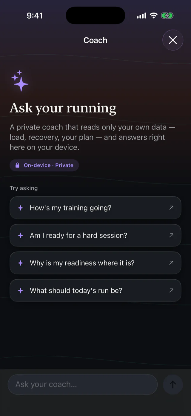 Coach screen: a private, on-device running coach with suggested questions