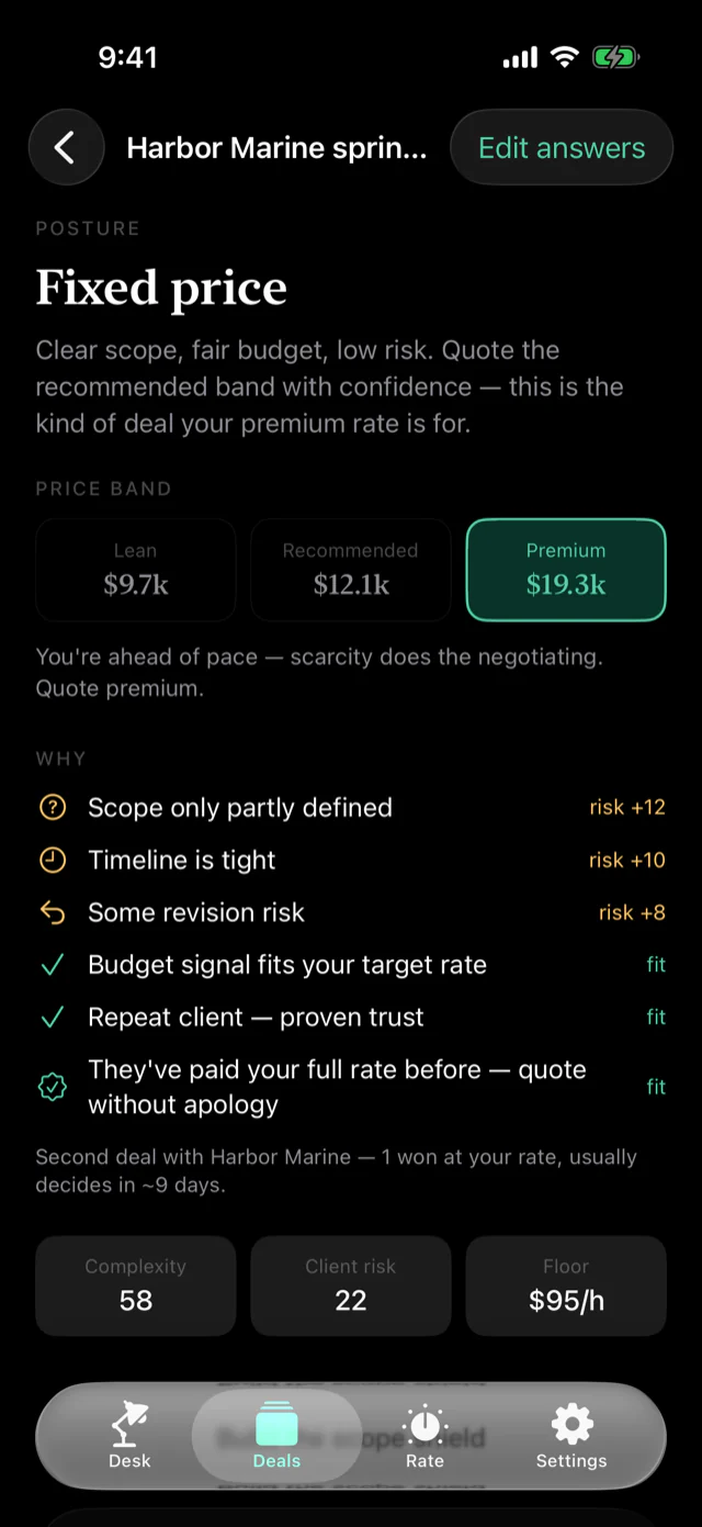 A pricing verdict: a Fixed price posture, a lean/recommended/premium price band, and the flags behind the score
