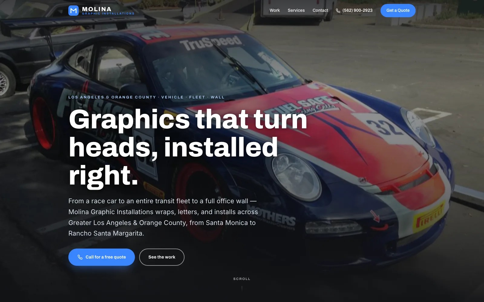 Molina Graphics homepage with a race car wrapped in blue, orange, and red graphics